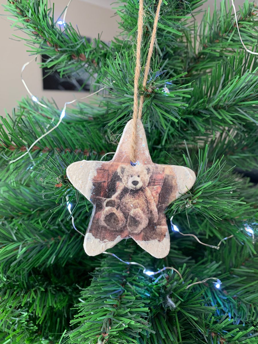 Slate star Christmas tree decoration, hand decoupaged with vintage teddy bear 
