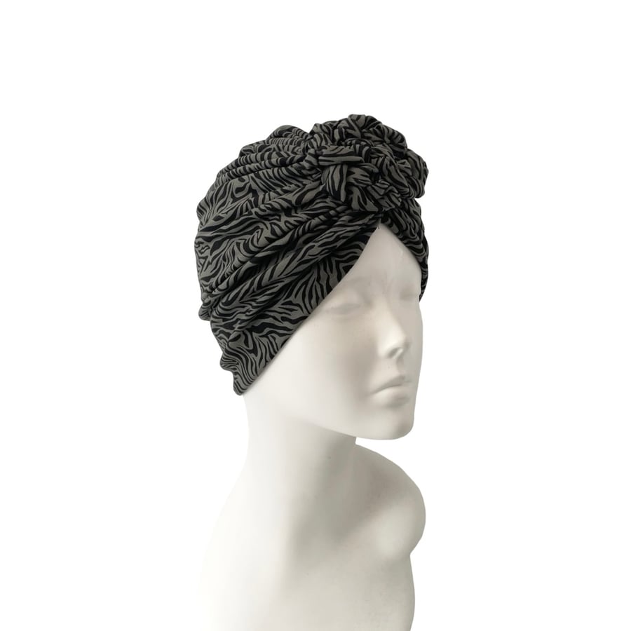 Khaki Zebra Print Chain Knot Turban for Women Handmade Stretchy Hair Turban 