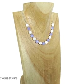 Purple Jade, White Agate & Sterling Silver Ladies Chain Necklace