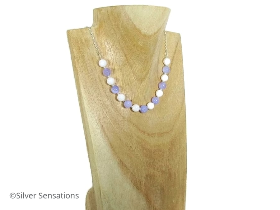 Purple Jade, White Agate & Sterling Silver Ladies Chain Necklace