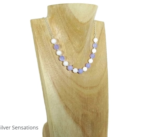 Purple Jade, White Agate & Sterling Silver Ladies Chain Necklace