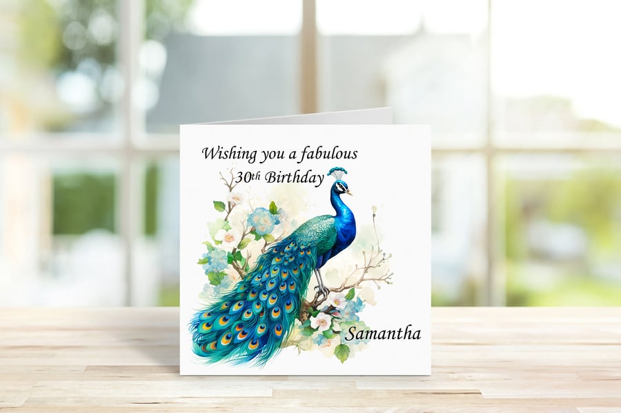 Personalised Beautiful Elegant Peacock Birthday Card. Design 7