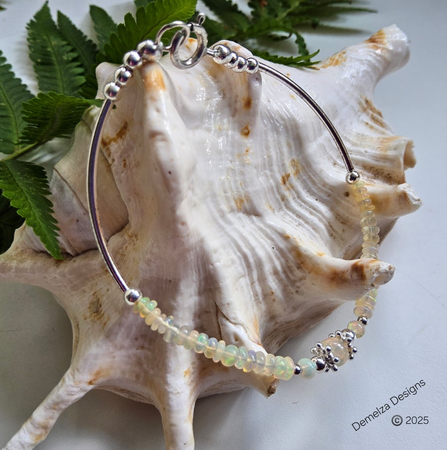 Ethopian Wello Opal Dainty Sterling Silver Bangle - Bracelet 