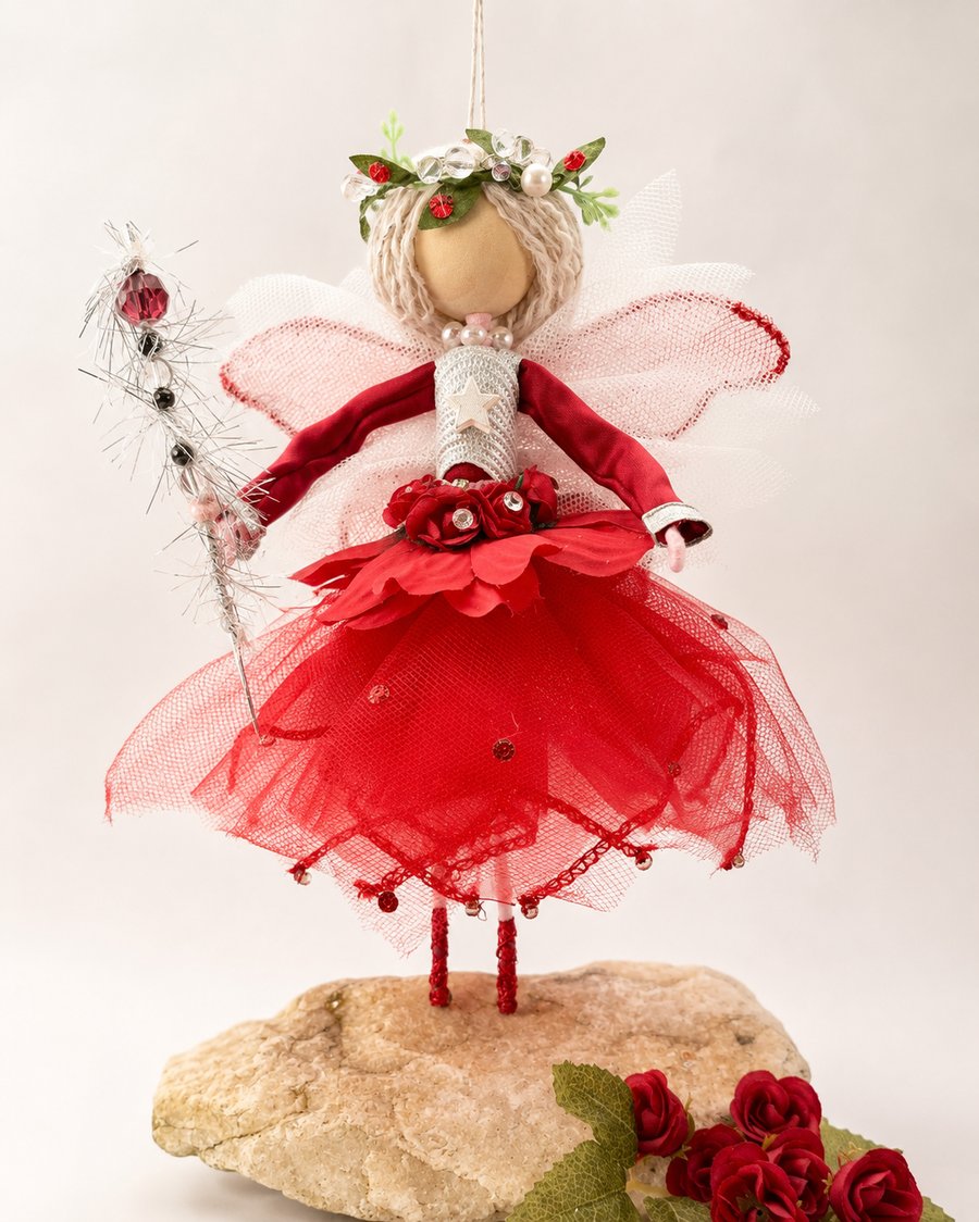 Ruby, Keeper of the Winter Berries - Handmade Fairy Doll Ornament