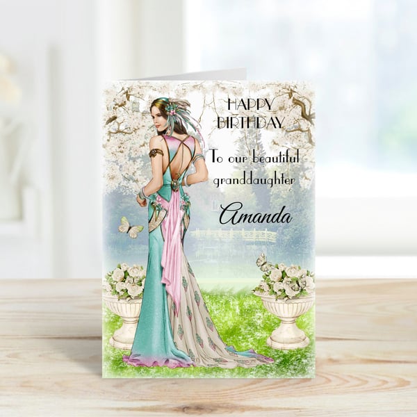 Personalised Art Deco Lady Greeting Card. Amanda. Turquoise & Pink Dress