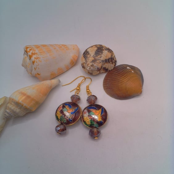 Purple Cloisonne Disc with a Bird Design and Crystal Earrings, Gift for Her