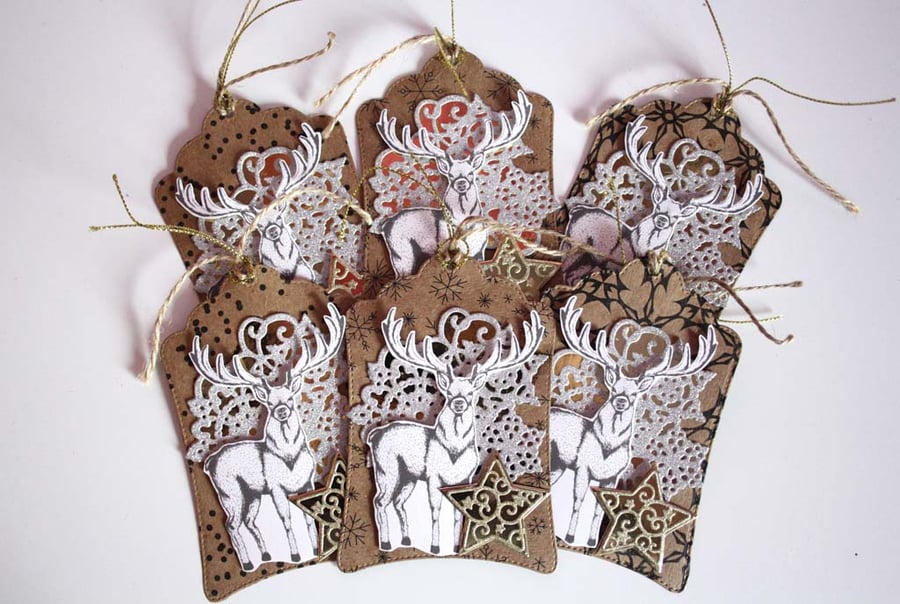 SALE Christmas Reindeer Snowflake Gold Star Gift Tag Set