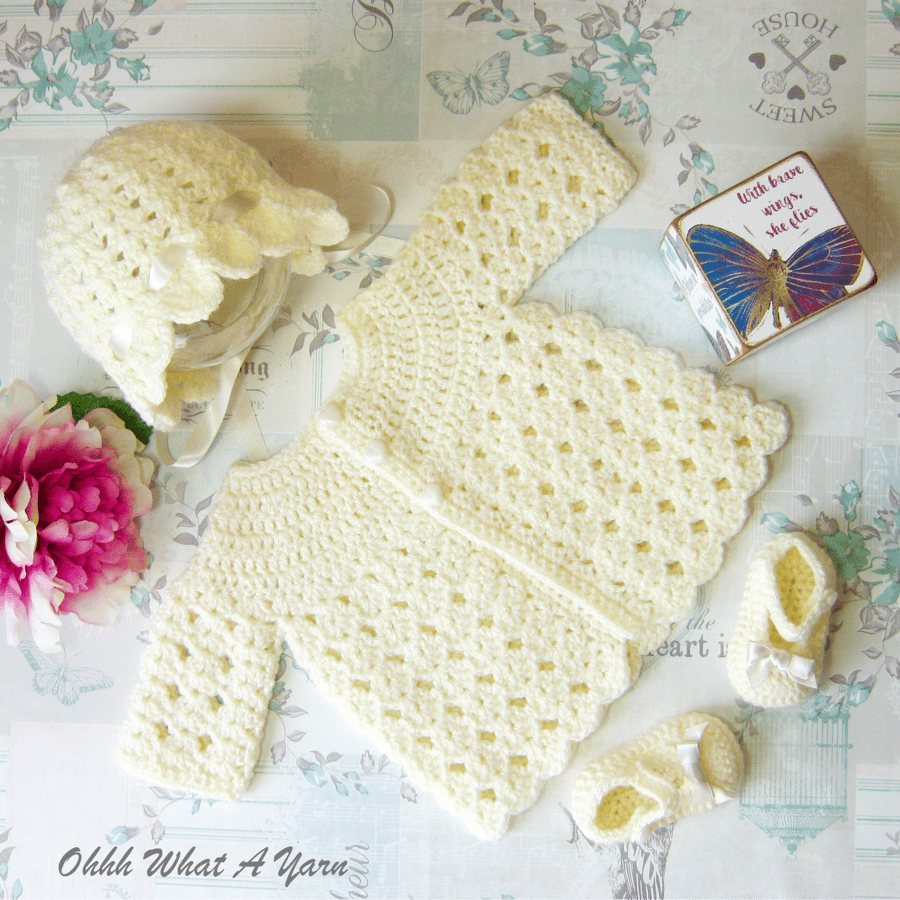 Crochet baby set, layette. Cream ,cardigan bonnet and shoes set, size newborn