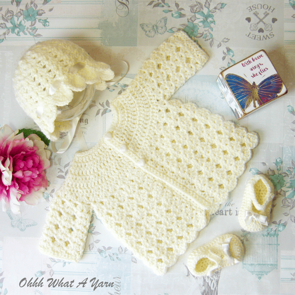 Crochet baby set, layette. Cream ,cardigan bonnet and shoes set, size newborn