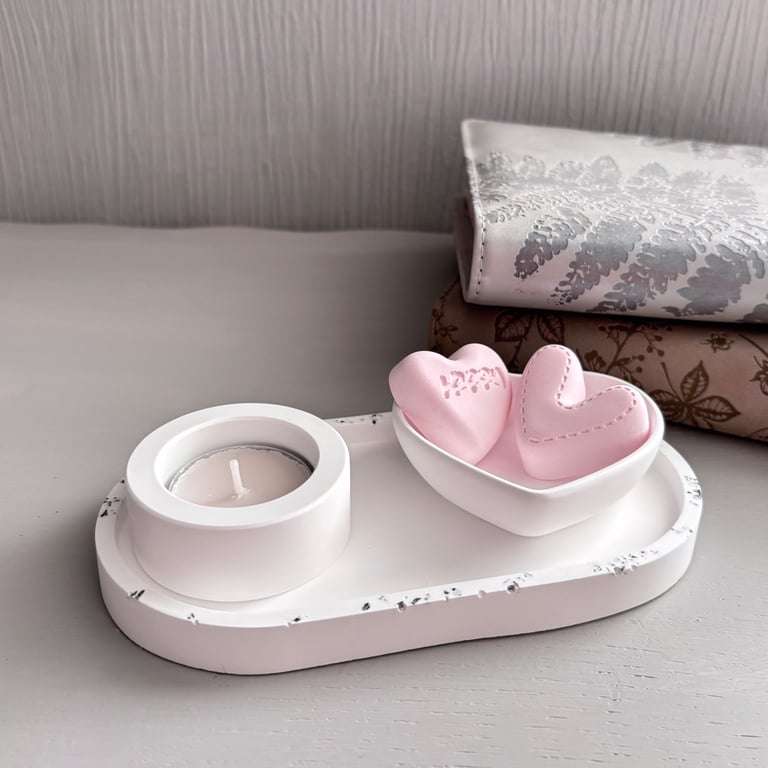 Home Fragrance Gift Set - White Oval Tray, Tea Light Holder, Heart Trinket Dish