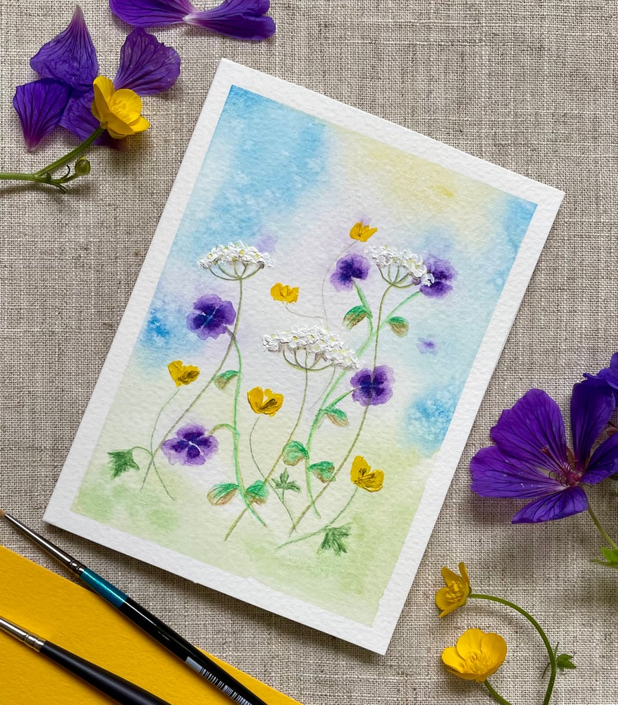 Hand painted blank card, wildflowers, all occasion floral card, one of a kind.