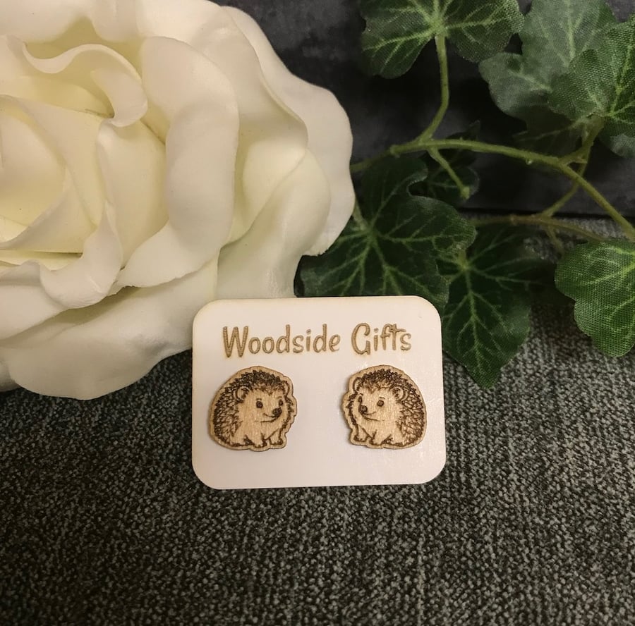 Hedgehog stud earrings - animal lovers laser engraved wooden stud earrings
