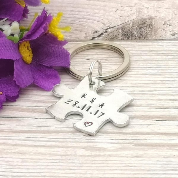 Jigsaw Keyring - Name & Date Keychain - Wedding Anniversary Gift - Personalised 