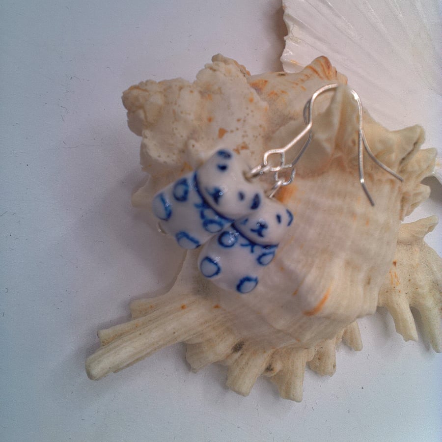 Earrings Made With White Ceramic Pandas with Blue Markings, Panda Earrings