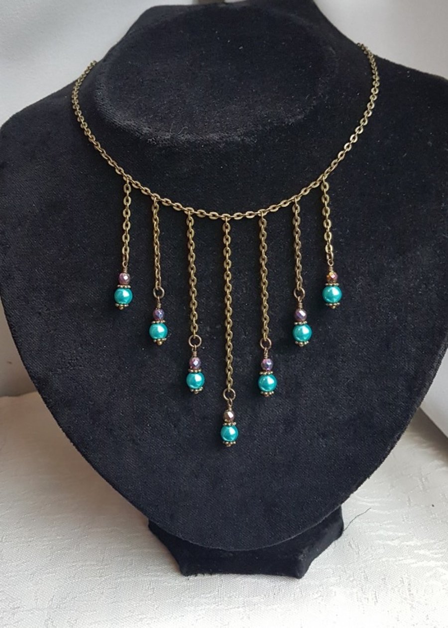 Beautiful Dark tone dangle Choker Necklace with Turquoise Glass Pearls