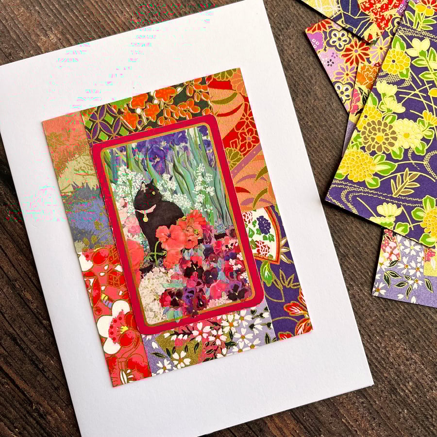 Black cat card, blank handmade card for cat lover, card to frame