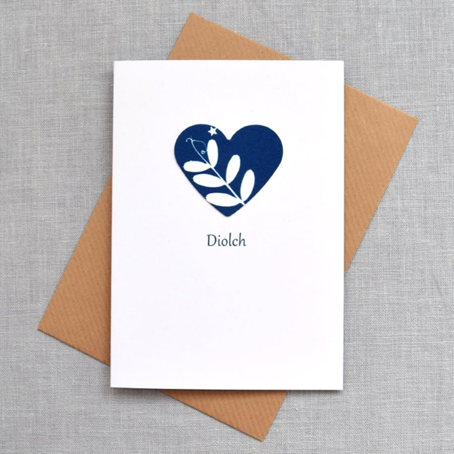 'Diolch' ('Thank you' in Welsh) Blue Heart with Vetch Cyanotype Card