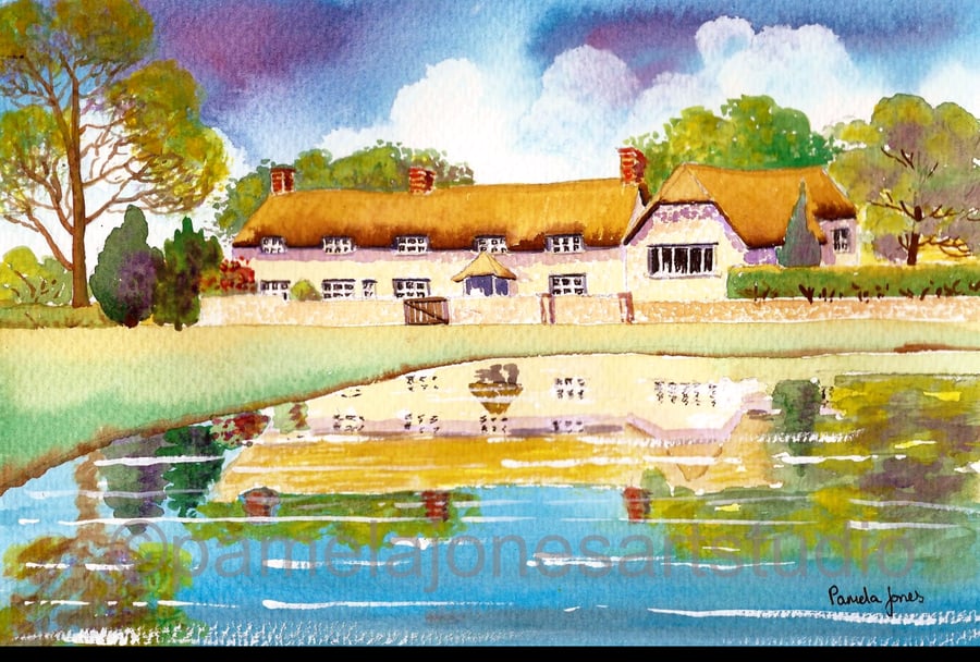 Thatched Cottages, Pond, Ashmore, Dorset, Original Watercolour in 14 x 11" Mount