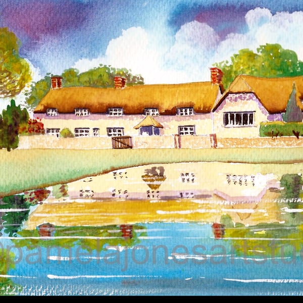 Thatched Cottages, Pond, Ashmore, Dorset, Original Watercolour in 14 x 11" Mount