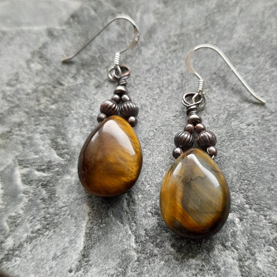 Copper Tigers Eye Earrings Sterling Silver Ear Wires  