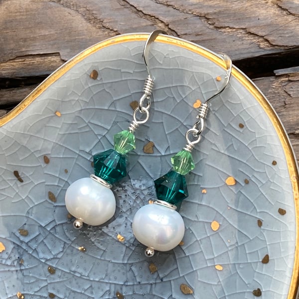 Swarovski Crystal & Freshwater Pearl Earrings. Sterling Silver. 