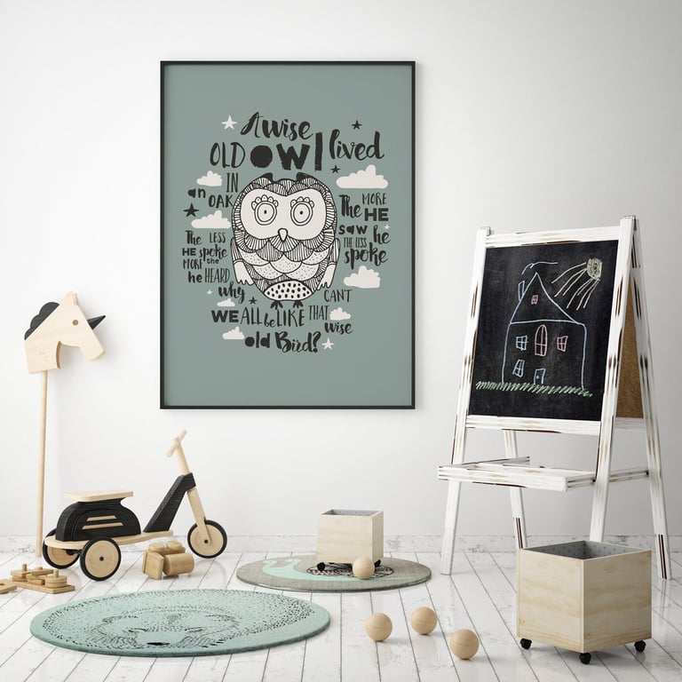 Wise Old Owl Nursery Art Print, Wall Art Print, Typography Print, Owl Print A4