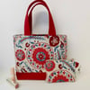 Bucket hand bag tote and matching purse set in red 