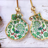 Two Hanging Shell Ornaments, Green & White Christmas Tree Decorations