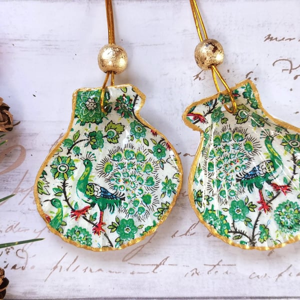 Two Hanging Shell Ornaments, Green & White Christmas Tree Decorations