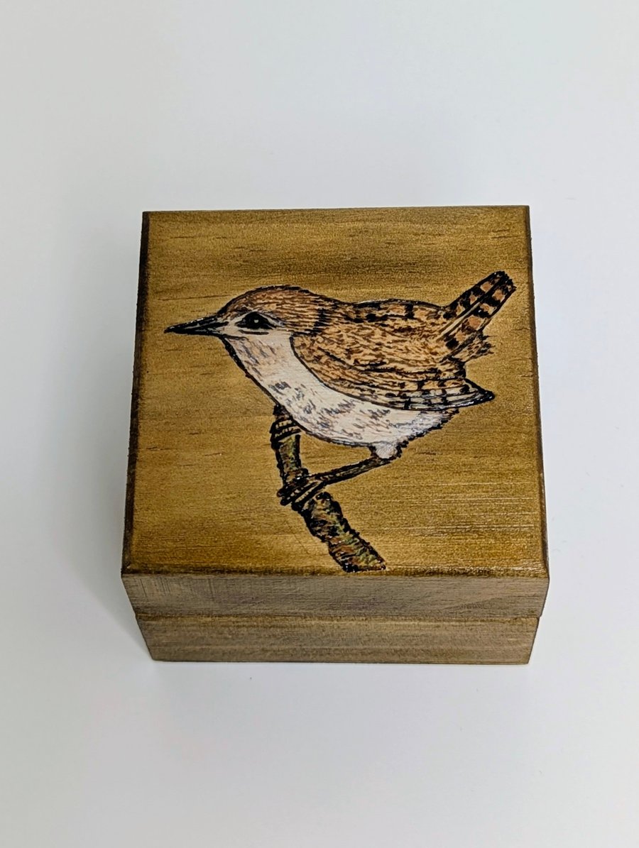 Small wooden box, wren pyrography, ring or trinket box for a bird lover