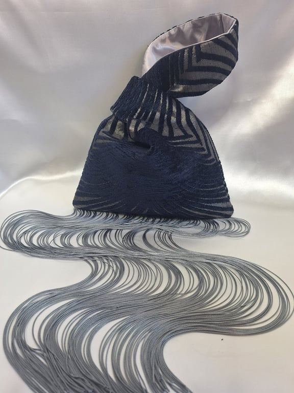 Navy Chenille Art Deco fabric Japanese Knot bag with 51cm silver tassel trim