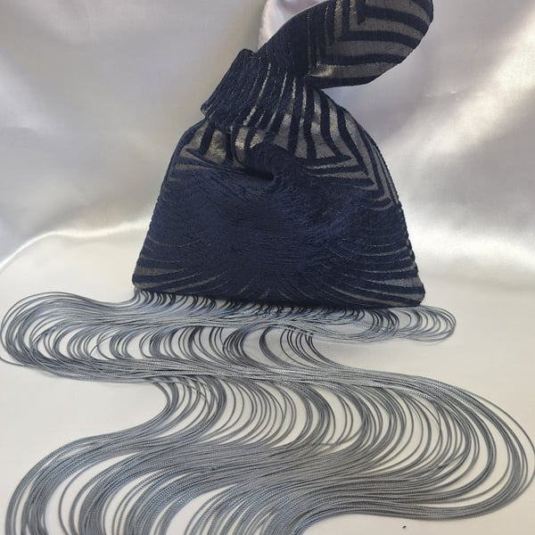 Navy Chenille Art Deco fabric Japanese Knot bag with 51cm silver tassel trim