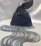 Navy Chenille Art Deco fabric Japanese Knot bag with 51cm silver tassel trim