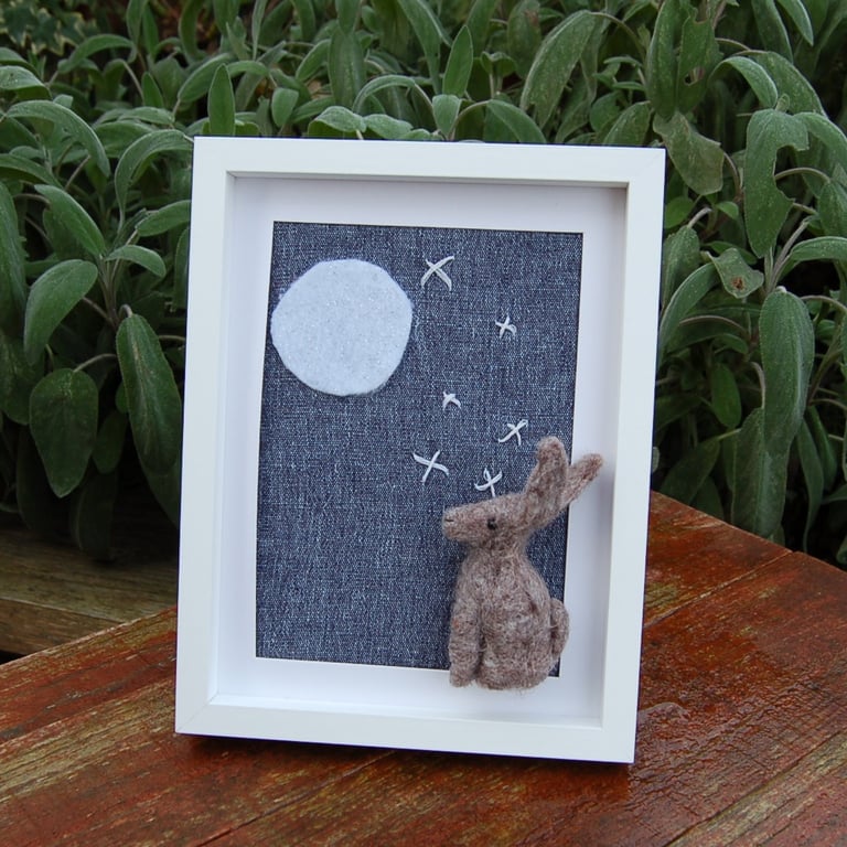  Moon gazing hare - nursery picture - needle felt, wool decoration - 