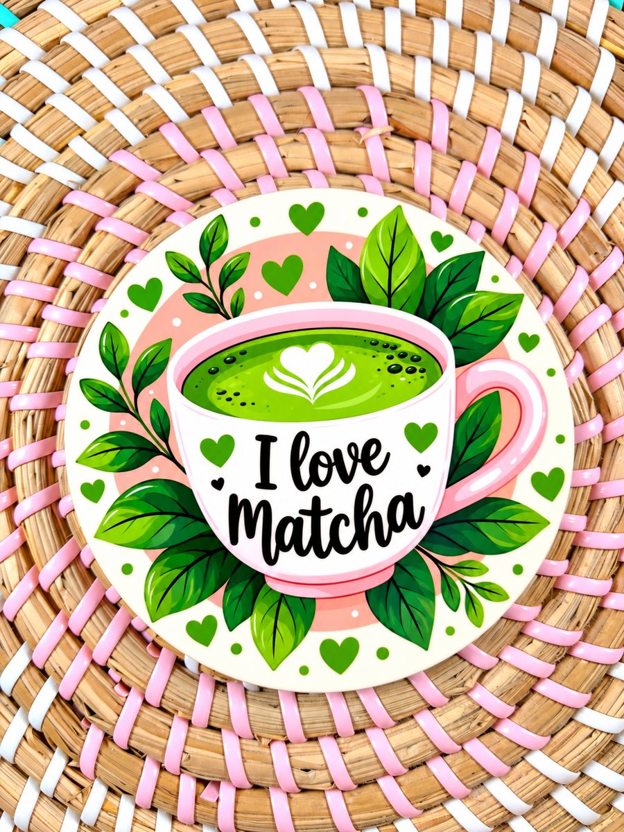 I Love Matcha Wooden Coaster – Cute Matcha Tea Design – Handmade Green Tea Gift