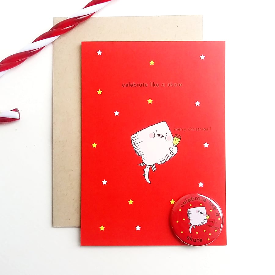 christmas card and badge pack - celebrate like a skate