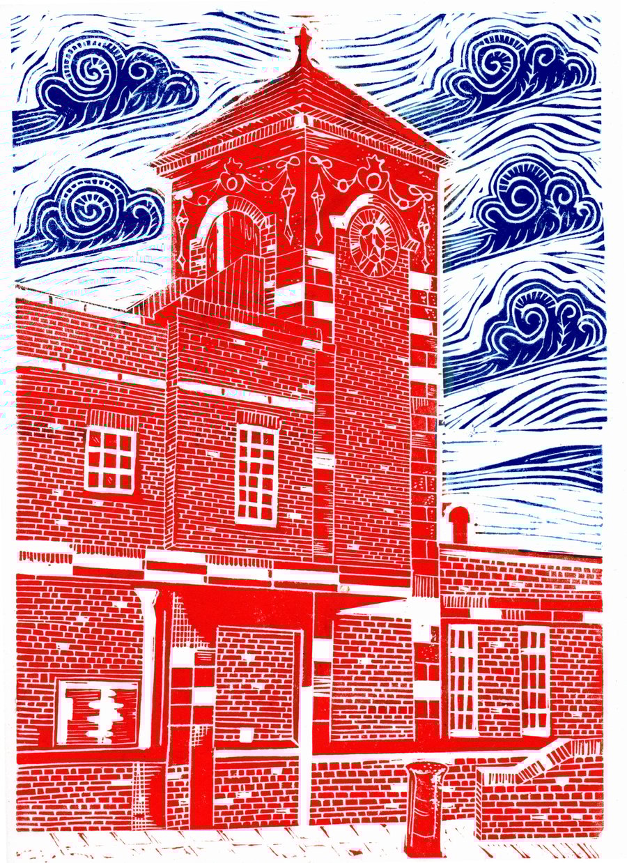 Nuneaton Railway Station Clock Tower, linocut print