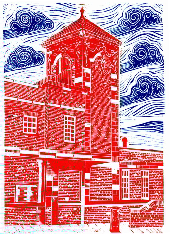 Nuneaton Railway Station Clock Tower, linocut print