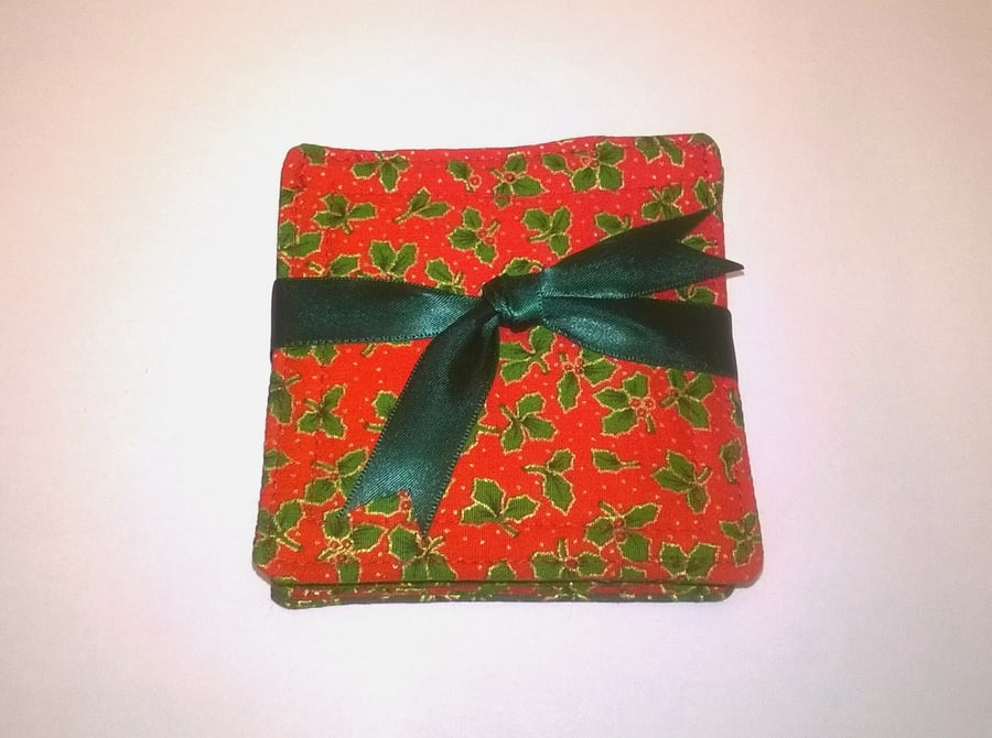 Christmas holly coasters, cotton fabric, red and green, pack of eight