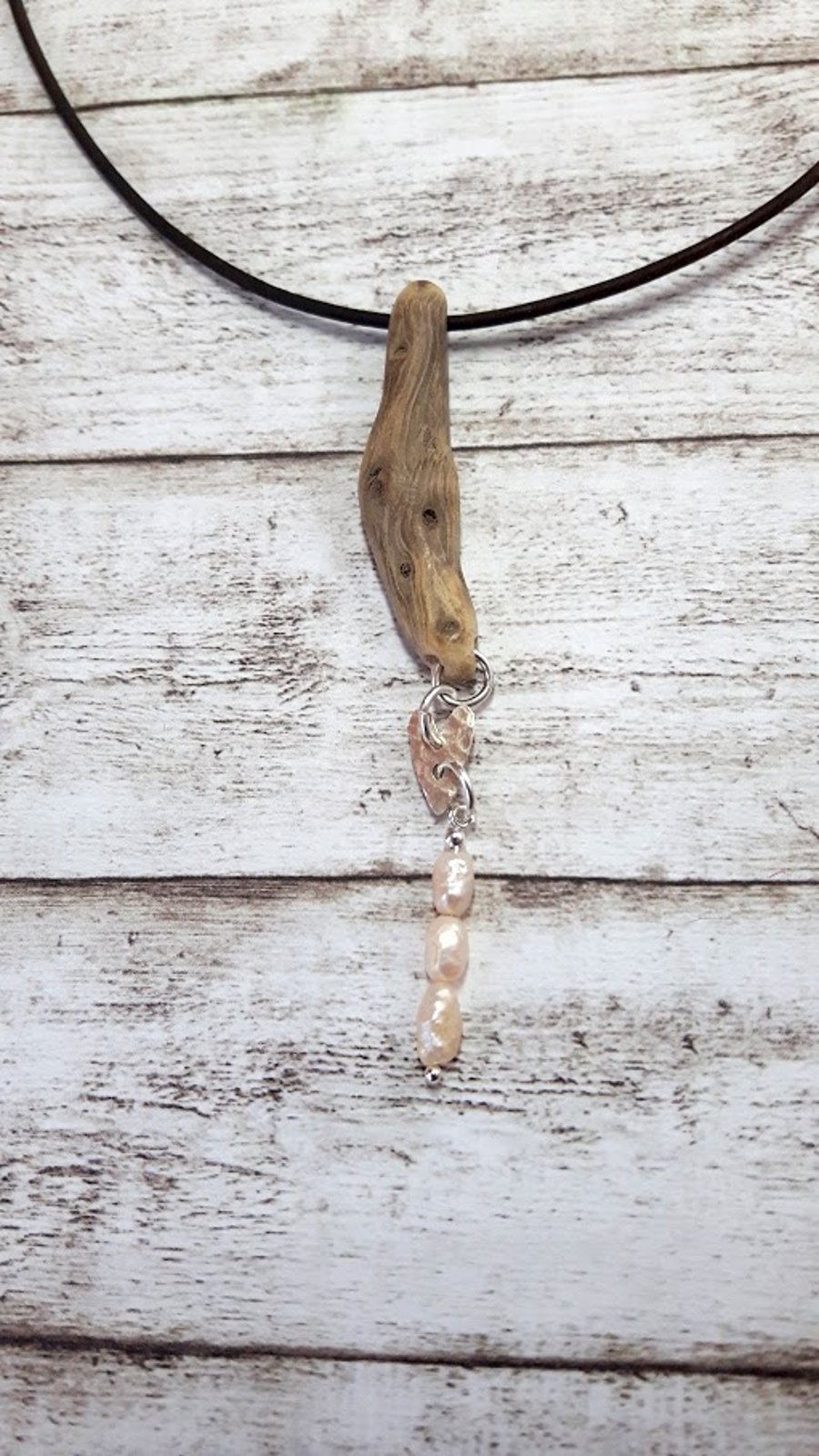 Birch driftwood, sterling silver heart, freshwater pearls pendant necklace.
