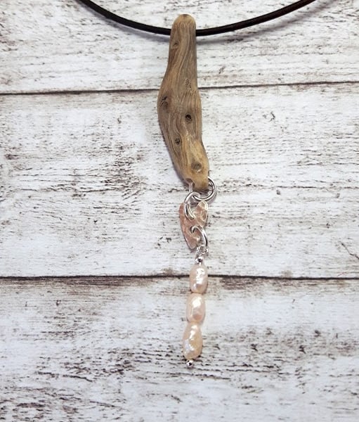 Birch driftwood, sterling silver heart, freshwater pearls pendant necklace.
