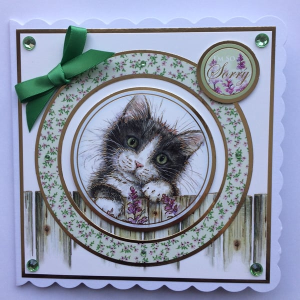 Sorry Card Cute Cat Garden Fence - I'm So Sorry 3D Luxury Handmade Card 