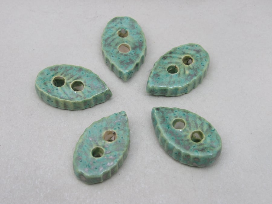 5 Small Leaf Shaped Verdigris Green Ceramic Buttons