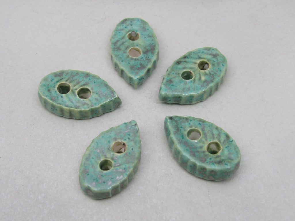 5 Small Leaf Shaped Verdigris Green Ceramic Buttons