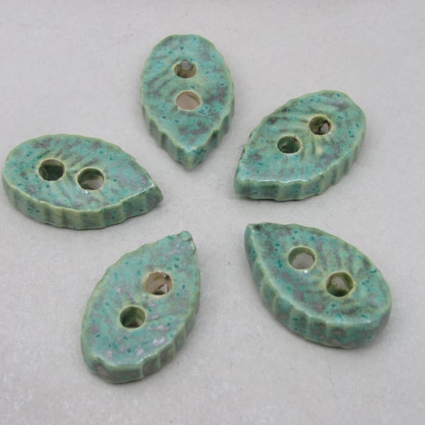 5 Small Leaf Shaped Verdigris Green Ceramic Buttons