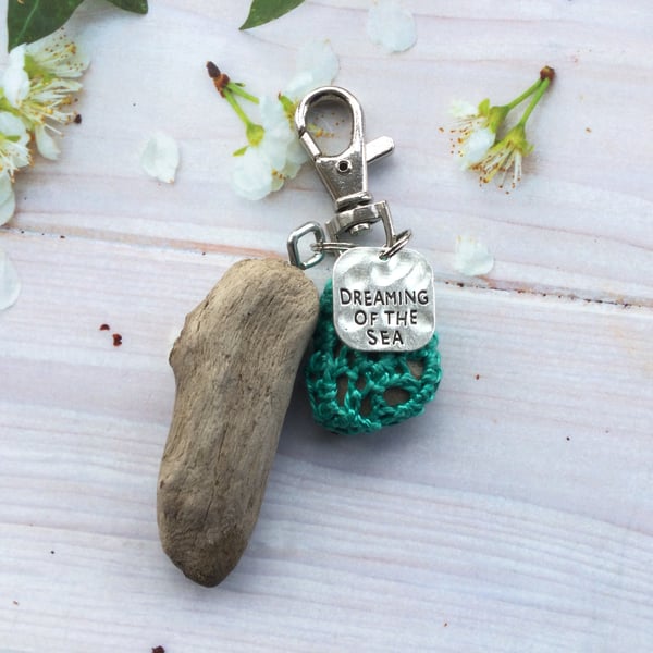 Crochet Covered Pebble and Driftwood Bag Charm