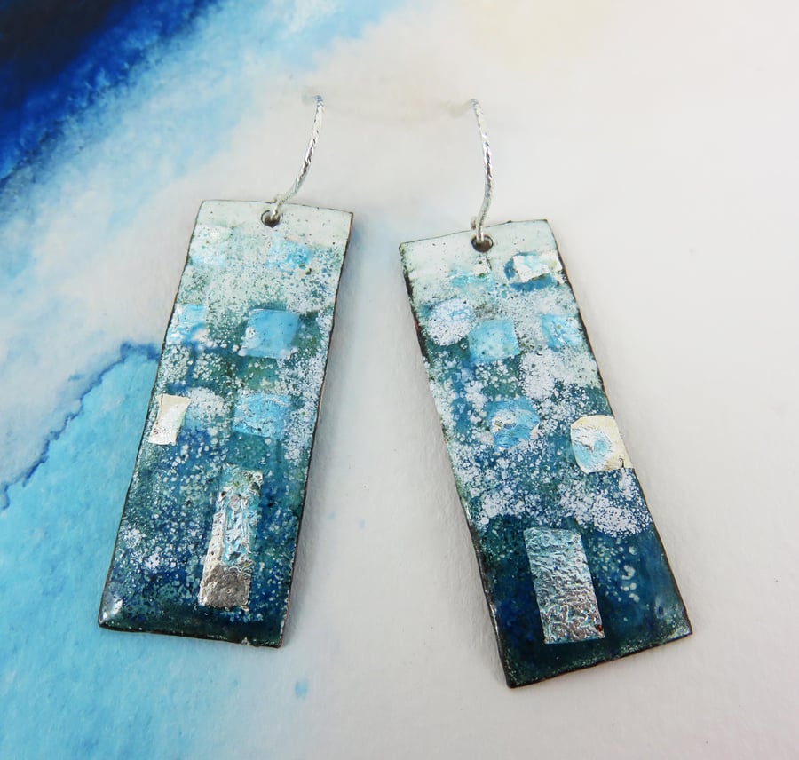 Silver Foil, Transparent Enamel on Textured Copper Dangles and Silver Wires