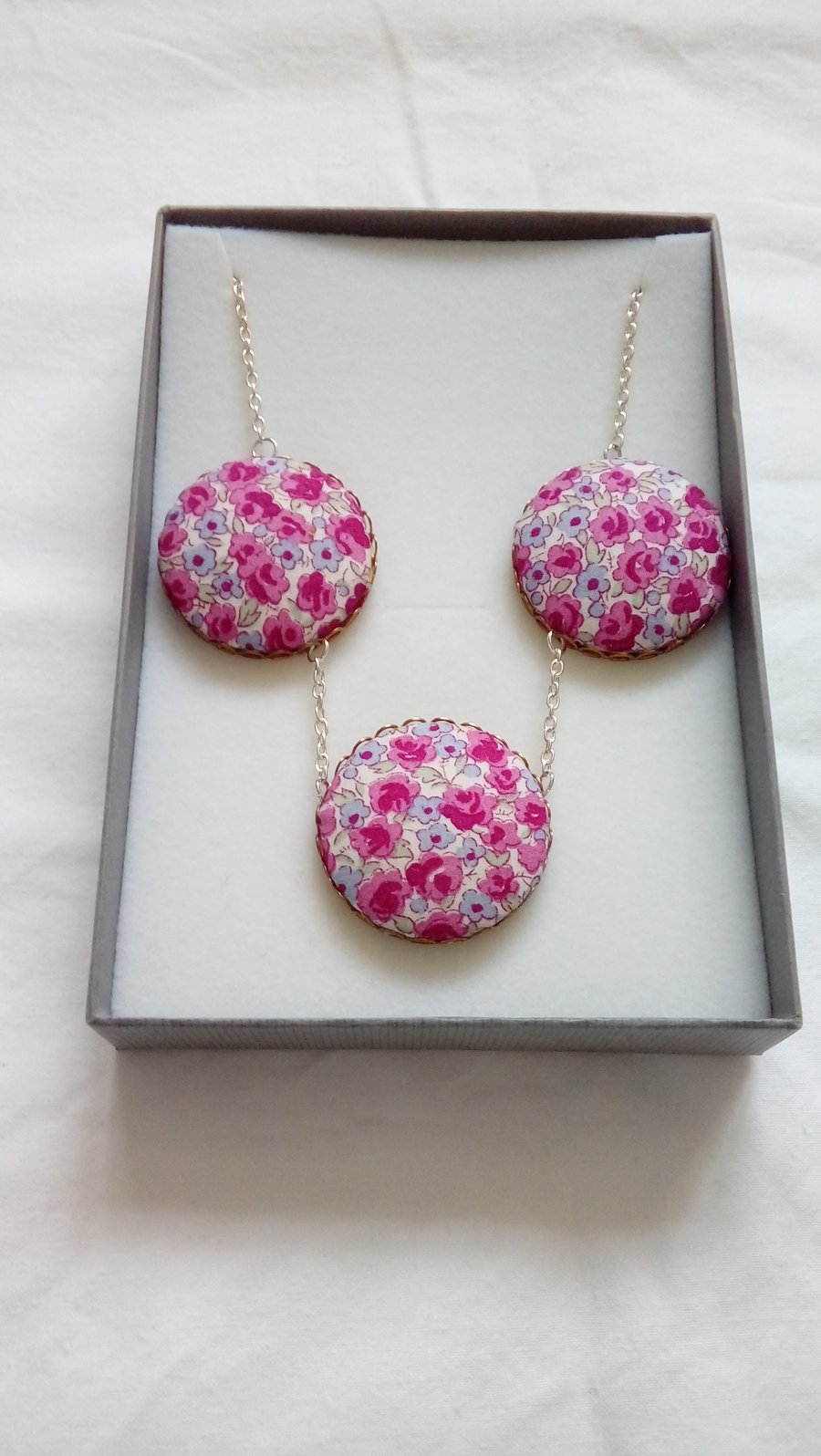 Pink Floral Fabric Covered Button Triple Pendant