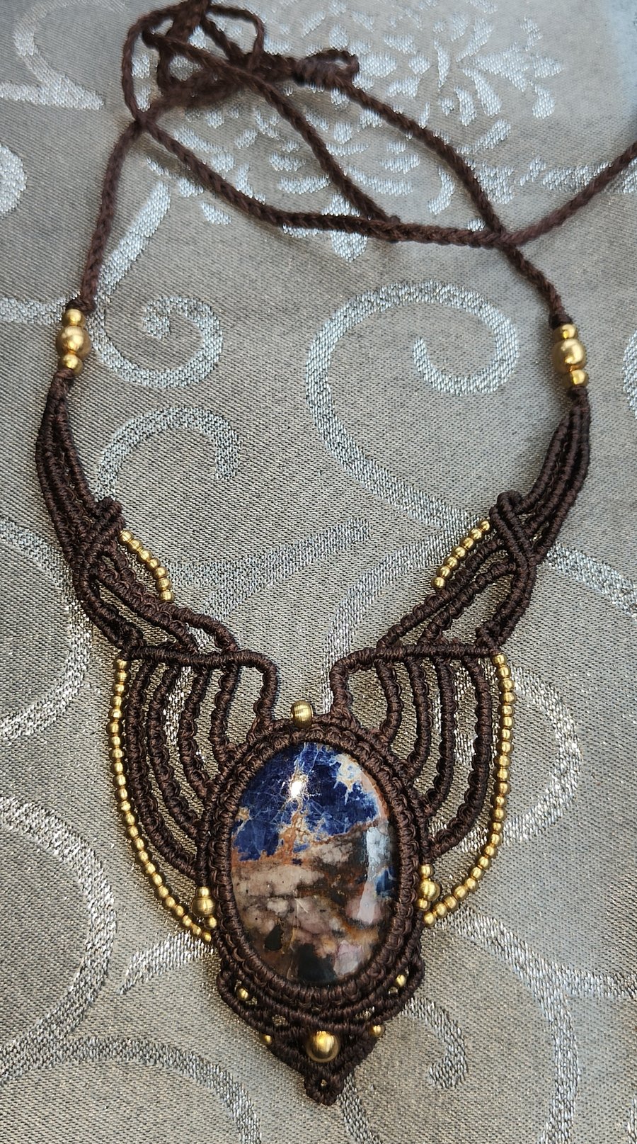 Dark Brown Macrame Necklace with Brass and Sodalite