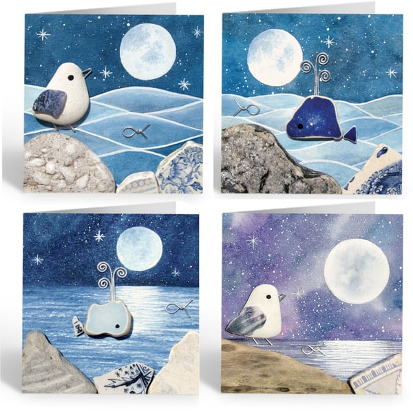Greetings Cards (Pack of 4) Moonlight Watercolour Paintings. Seagulls and Whales